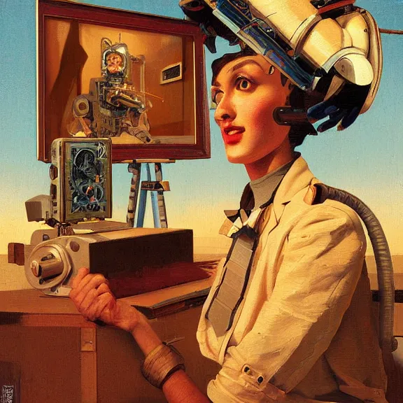 Image similar to robot artist painting a self - portrait on a canvas. intricate, highly detailed, photorealistic, digital matte painting, in the style of alexandros pyromallis, and in the style of sachin teng, and in the style of hans thoma, and in the style of gil elvgren. irony, recursion, golden hour.