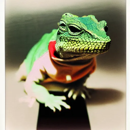 Image similar to lizard wearing hoodie, with polaroid camers, 8 0 s, polaroid photo, by warhol,