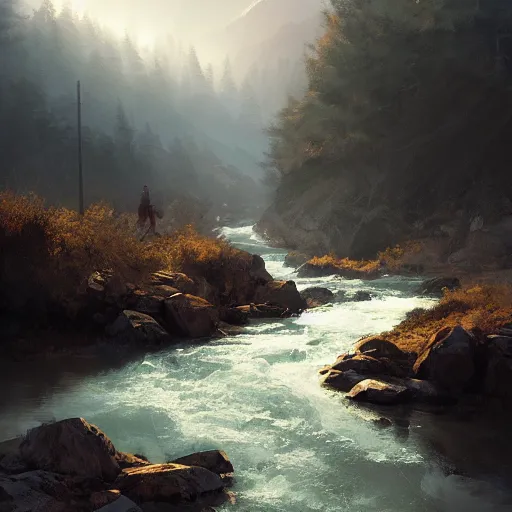 Prompt: crossing a river in avila mountains, 4 k, concept art, by wlop, ilya kuvshinov, artgerm, krenz cushart, greg rutkowski, pixiv. cinematic dramatic atmosphere, sharp focus, volumetric lighting, cinematic lighting, studio quality