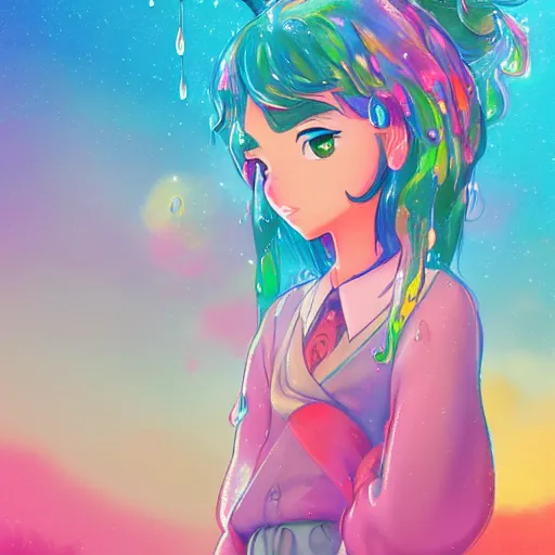 Prompt: a beautiful disney styled character, dew, water drops, ultra detailed, sunrise, portrait, hyper colorful, trending on artstation, by studio ghibli