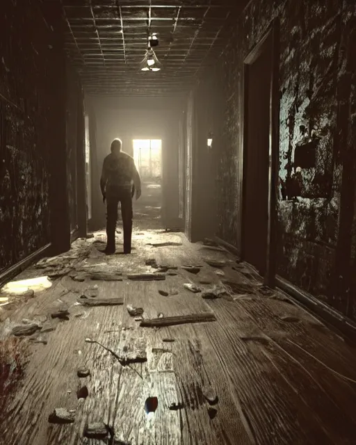 Image similar to Kirby in Resident Evil 7, American gothic interior, wooden floor, atmospheric, nighttime scene, photorealistic narrow hallway with broken windows, horror