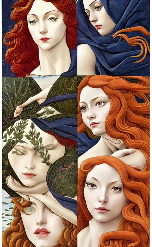 Prompt: the 12 months of the year as figures, (3 are Winter, 3 are Spring, 3 are Summer and 3 are Autumn), in a mixed style of Botticelli and Æon Flux, inspired by pre-raphaelite paintings and shoujo manga, hyper detailed, stunning inking lines, flat colors, 4K photorealistic