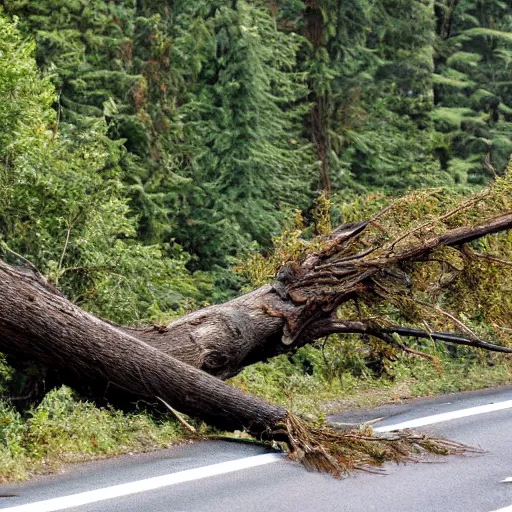 Prompt: fallen tree in highway traffic. Sasquatch hides in the forest