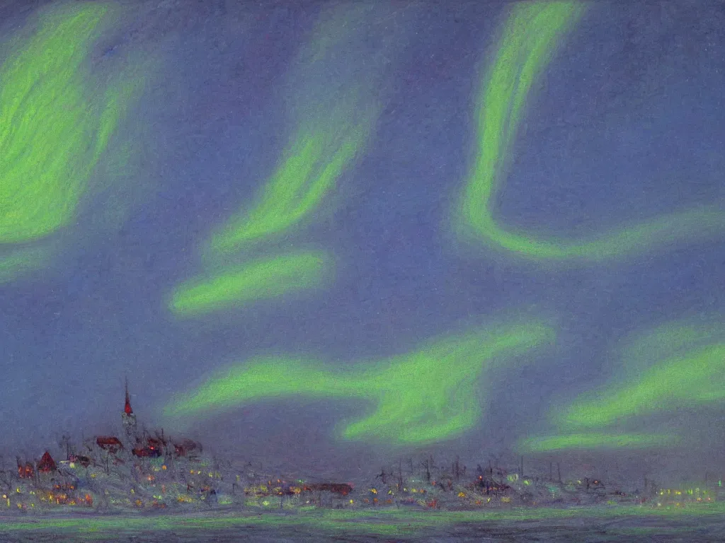 Prompt: beautiful northern lights over an arctic village, matte painting, trending on artstation, oil on canvas, digital art, in the style of claude monet