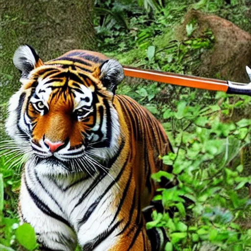 Image similar to photo of tiger wearing a bandana and holding a sword in jungle