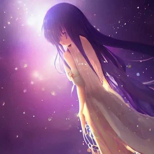 Image similar to advanced digital anime art, Sakimichan , WLOP, RossDraws, a gorgeous woman with long gold and silver hair wearing a violet dress and bare feet walking through a crystal clear river under a starry night, DOF, Gaussian Blur, —H 1024