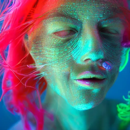 Image similar to underwater photo of a human-face fish with neon colors.