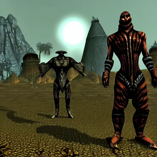 Prompt: among us imposter in morrowind, retro pc graphics, video game screenshot, retro 3 d, pc game, elder scrolls, morrowind