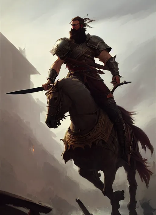 Image similar to epic bearded war commander holding gigantic sword and large shield riding a horse. highly detailed, digital painting, concept art, smooth, sharp focus, illustration, art by greg rutkowski