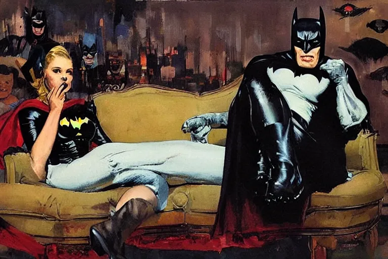 Image similar to batman sits on a sofa beside his wife and expresses his displeasure at the manner of her dress, painted by phil hale and rick berry and dean cornwell and norman rockwell and jeremy mann