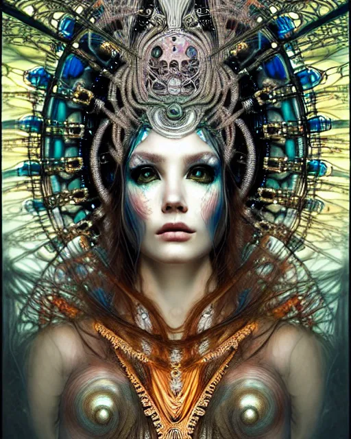 Image similar to hyperrealistic detailed portrait of a beautiful goddess in a cyber headdress, intricate cyberpunk make - up, art by android jones, ernst haeckel, nekro borja, alphonso mucha, h. r. giger, ornamental gothic - cyberpunk,