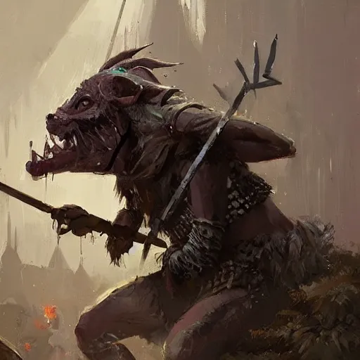 Prompt: the elder goblin wearing chainmail whilst twirling a spear interior of an orc encampment greg rutkowski ismail inceoglu ishbel myerscough