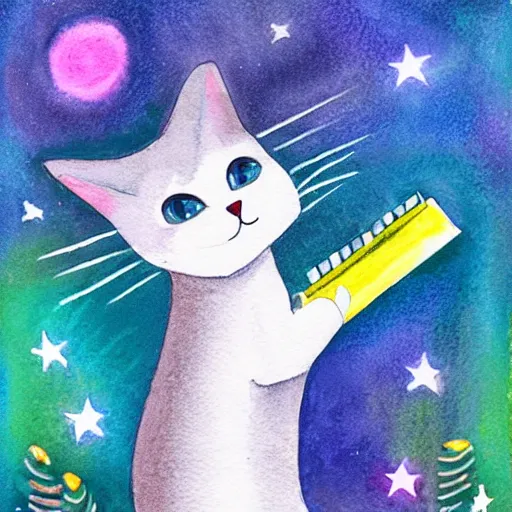 Image similar to pastel watercolor cute portrait of a cat playing the harmonica under the stars