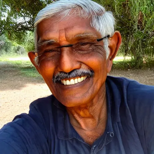 Prompt: selfie of an old Indian dad smiling into the camera