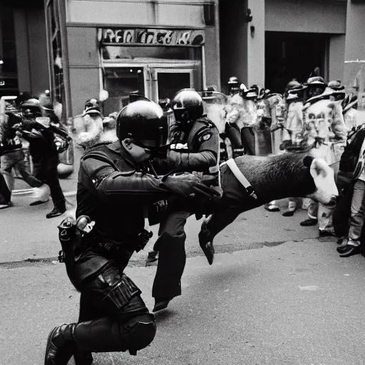 Image similar to a riot cop beating a bear, leica m 9, voigtlander 3 5 mm, 1 9 6 0 s