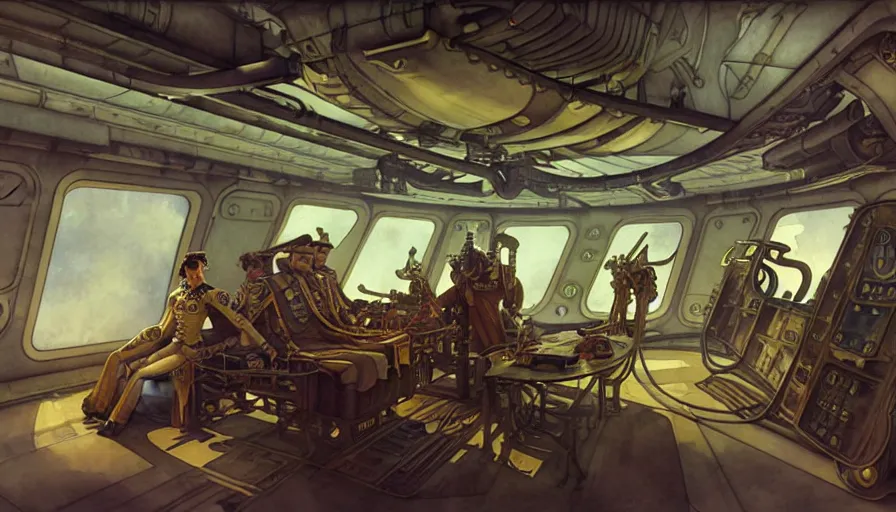 Prompt: airship interior bridge of warship, captain's chair, bridge crew, starship, french baroque, napoleonic, dieselpunk science fiction, steampunk, command and control center, sharp, concept art watercolor illustration by mandy jurgens and alphonse mucha, dynamic lighting