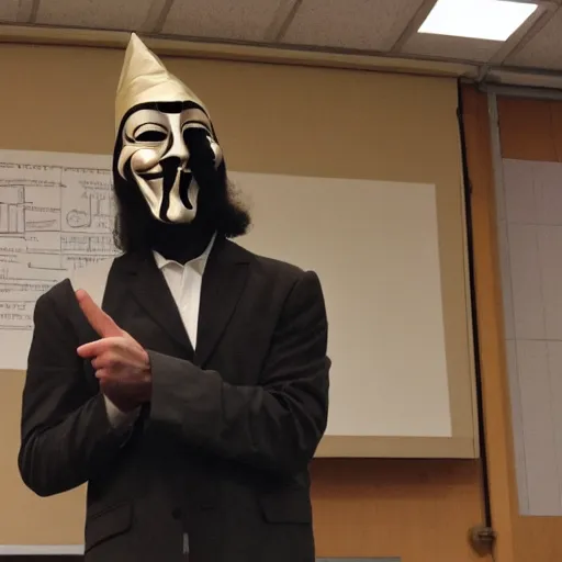 Image similar to professor anonymous wearing guy fawkes mask giving lecture at university