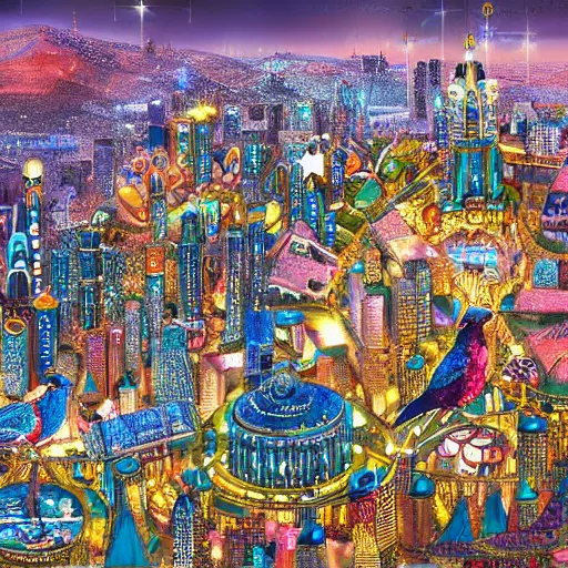 Prompt: fantasy city with glittering jewels, birds eye view