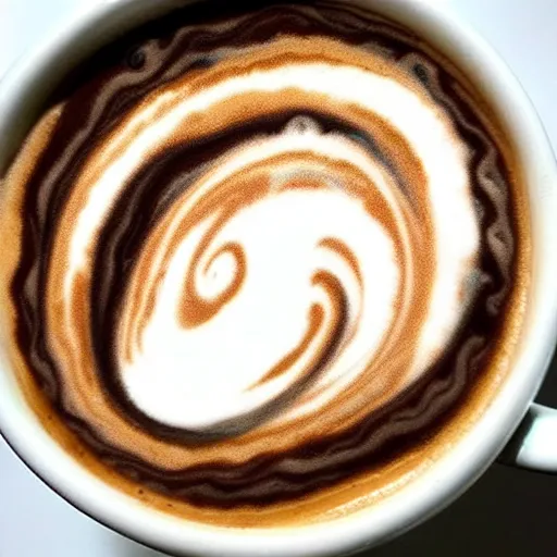 Prompt: The swirls of cream and foam on a cup of coffee resemble the clouds of planet Jupiter