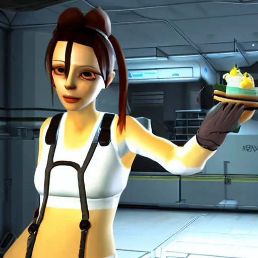 Image similar to chell from portal eating a slice of cake valve portal 2 screenshot