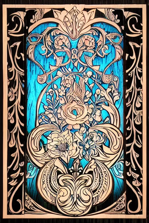 Image similar to Painted dark-wood panel relief carving of a close up of a Flowerpunk Piglet, White and pale blue toned, ornate border frame, explosion of colorful flowers, dark wood, intricately carved, black ink, festival of rich colors, intricate details, cinematic lighting, volumetric lighting, post-processing, art nouveau, tarot, fractal art, mandala, by andreas rocha and john howe, and Martin Johnson Heade, featured on artstation, featured on behance, golden ratio, hyper detailed, photorealistic, epic composition, center spotlight, f32, well composed, symmetrical, UE5, 8k