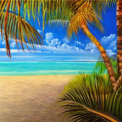 Prompt: A beautiful award winning painting of a tropical beach with palm trees and blue ocean, trending on artstation