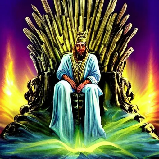 Prompt: throne set in heaven… And He who sat there was like… and there was a rainbow around the throne… Around the throne were twenty-four thrones, and on the thrones I saw twenty-four elders sitting, clothed in white robes; and they had crowns of gold on their heads. And from the throne proceeded lightnings, thunderings, and voices. Seven lamps of fire were burning before the throne, which are the seven Spirits of God. Before the throne there was a sea of glass, like crystal. And in the midst of the throne, and around the throne, were four living creatures… The first… like a lion, the second… like a calf, the third… had a face like a man, and the fourth … like a flying eagle. The four living creatures, each having six wings, were full of eyes around and within. And they do not rest day or night… Whenever the living creatures give glory and honor and thanks to Him who sits on the throne, who lives forever and ever, the twenty-four elders fall down before Him who sits on the throne and worship Him who lives forever and ever, and cast their crowns before the throne, very detailed painting by leonardo da vinci