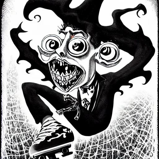 Prompt: black and white trippy comic art depiction of dracula the vampire roller skating on roller skates, drawn by martin rowson, tim burton, alex pardee, nekro petros afshar, cgsociety, awesome, stunning, 4 k