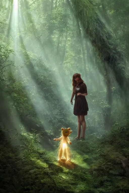 Image similar to mean fluffy teddybear protecting girl in a forest with rays of light coming through the canopy, masterpiece, dystopian, sci-fi, extremely detailed, digital painting, sculpted in zbrush, artstation, concept art, smooth, sharp focus, illustration, chiaroscuro lighting, golden ratio, incredible art, artgerm, greg rutkowski, alphonse mucha, simon stalenhag, carravaggio