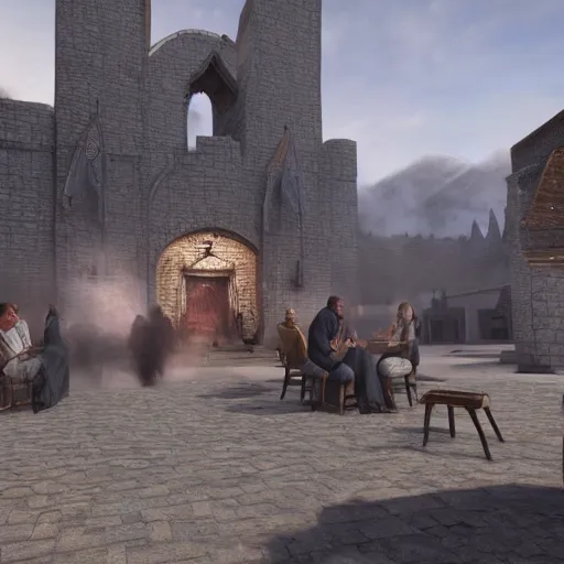 Prompt: people smoking hookah in whiterun, ultra realism, old paints, 4 k, highly detailed, hyperrealistic