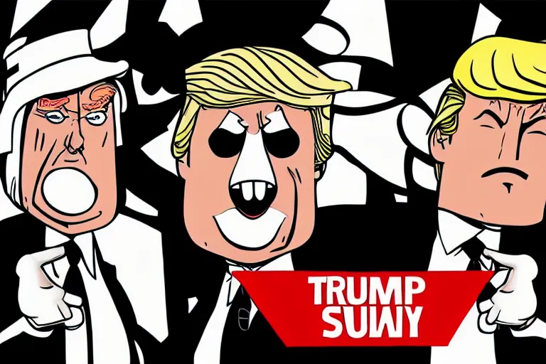 Prompt: 2 d poster illlustration donald trump and donald trump wearing trenchcoats and black spy hats for the movie spy vs spy