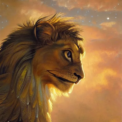 Prompt: a realistic oil painting of a winged lion's body with an eagle head, at night with a sky full of stars, highly detailed, trending on artstation, by james gurney and michael whelan and krenz cushart and alphonse mucha