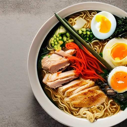 Image similar to A delicious ramen with chicken, eggs, and veggies, the only lighting is from the sunlight, photorealistic imagery, 35mm photography, professional photography, 4k, 8k