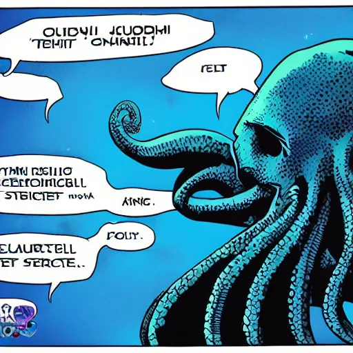 Prompt: comic book panel of a medium shot cute cthulhu by jamie mckelvie moving it's tentacles against a blue background, digital art