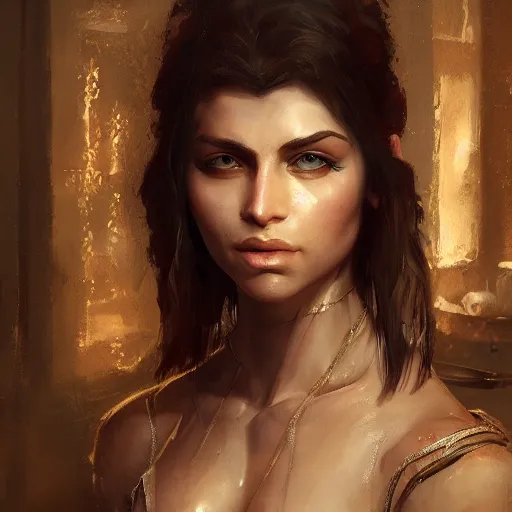 Image similar to proud muscular female turkish girl in harem room, portrait by Cedric Peyravernay, highly detailed, excellent composition, cinematic concept art, dramatic lighting, trending on ArtStation