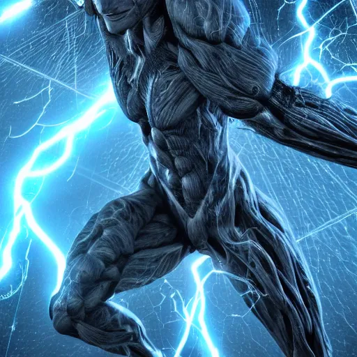 Image similar to photography of a hyper realistic highly detailed stunning expressive humanoid creature, controls complex and highly detailed blue lightning strikes as a super power. professionnal digital art, artstatiom, stuning, intricate, complex, unreal engine 5.