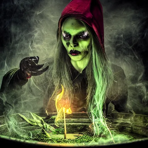 Image similar to close shot of a witch in her lair brewing a magical potion, depressing, gloomy, tired, detailed, witch hat, dungeon, green smoke, fire, smoke, realism, realistic, hyper detailed, green lighting, ambient lighting, green smoke, fog, smoke, cinematic lighting, haze, bokeh, trending on artstation, detailed face, symmetric face, mythical, colorful, pop art, vector art, retro,