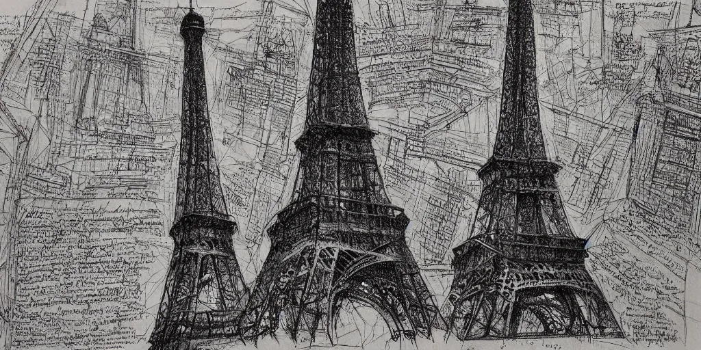 Prompt: architectural design studies of Eiffel Tower, different closeup view, drawn by Leonardo da vinci, ink draw, artistic, intricated