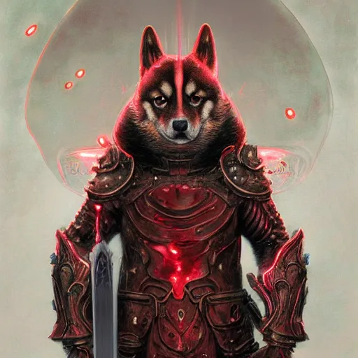 Image similar to anthropomorphic shiba inu, berserk anime guts armor and two hand guts sword, red light aura, fantasy, dark, portrait art by donato giancola and greg rutkowski, realistic face, visible aura, digital art, trending on artstation, symmetry