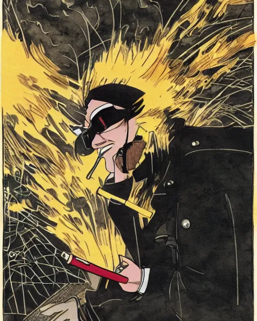 Image similar to a fox in a black trench - coat, smoking a cigarette in front of a huge explosion in the middle of a war, style of anime