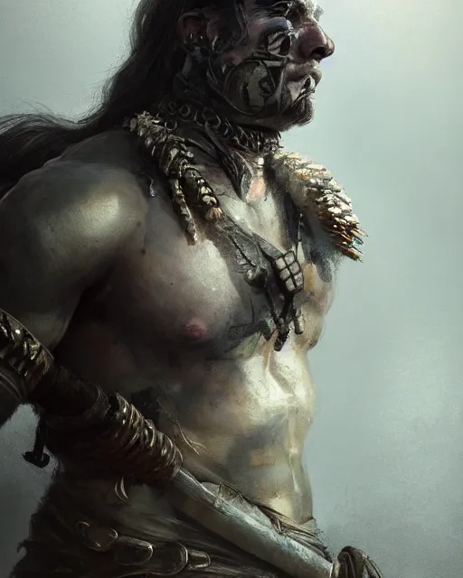 Prompt: Barbarian warrior, strong, portrait, intricate tattoos, war paint, detailed, volumetric lighting, scenery, digital painting, highly detailed, artstation, sharp focus, illustration, concept art, ruan jia, steve mccurry