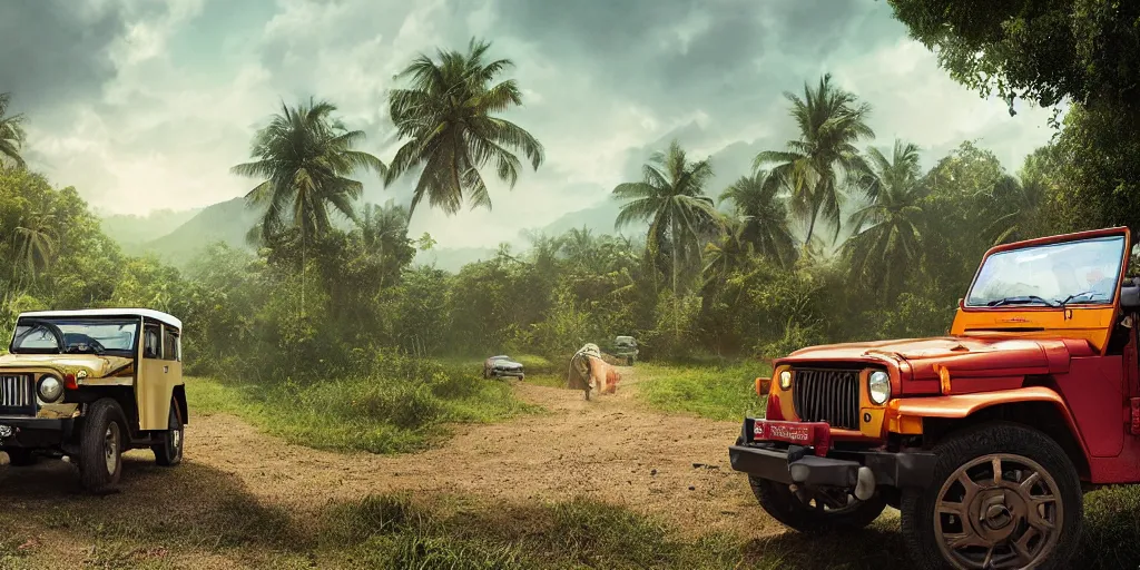 Image similar to kerala village countryside, beautiful dynamic lighting, mahindra thar on the road, cinematic, wide angle establishing shot, extremely high detail, photo realistic, cinematic lighting, post processed, concept art, artstation, matte painting, style by eddie mendoza, raphael lacoste, alex ross, volumetric lighting, light rays, photorealistic, ultrarealistic, moody, coronarender, 8k