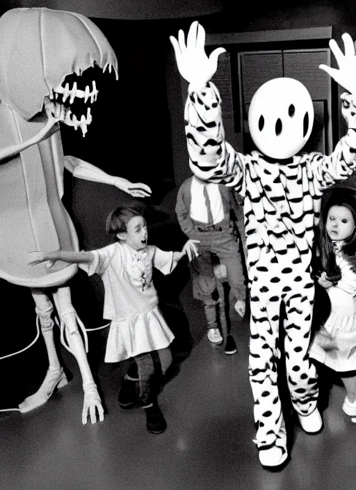 Prompt: creepy realistic scary gangly ghost monster invades the crowded set of a 9 0's childrens tv gameshow, everyone runs in horror, grainy black and white surveillance
