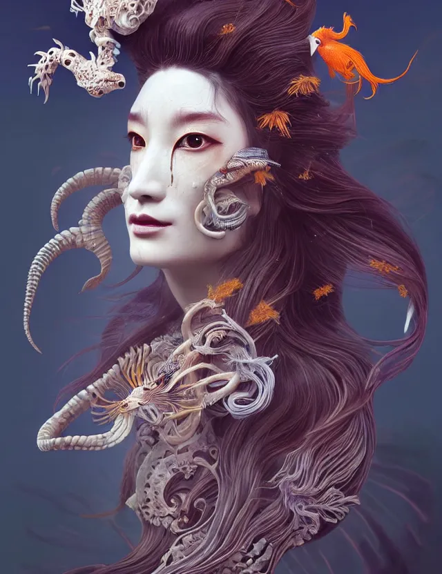 Image similar to 3 d goddess half - turn portrait with long hair with ram skull. beautiful intricately detailed japanese crow kitsune mask and clasical japanese kimono. betta fish, jellyfish phoenix, bio luminescent, plasma, ice, water, wind, creature, artwork by tooth wu and wlop and beeple and greg rutkowski