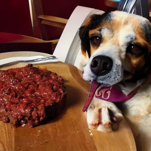 Image similar to courage the dog eating sloppy steaks