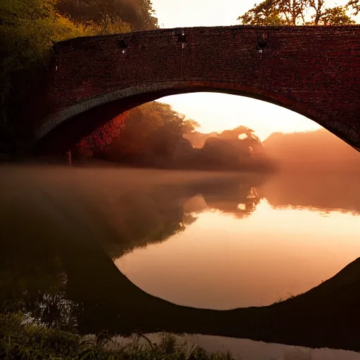 Prompt: in background arched bridge over river in distance, small red umbrella floats upside down in water in foreground, golden hour, moody, misty national geographic photo