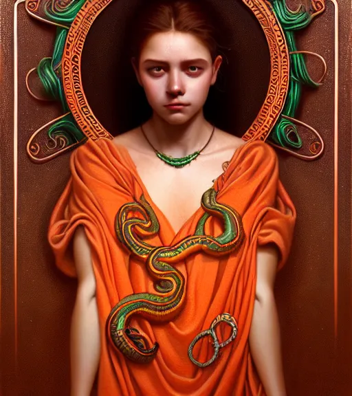Image similar to portrait of teenage medusa, snake hair, naughty smile, wearing an embroidered orange tunic, intricate, sensual, elegant, copper and emerald jewelry, glowing lights, seductive, highly detailed, digital painting, artstation, concept art, smooth, sharp focus, illustration, art by wlop, mucha, artgerm, and greg rutkowski