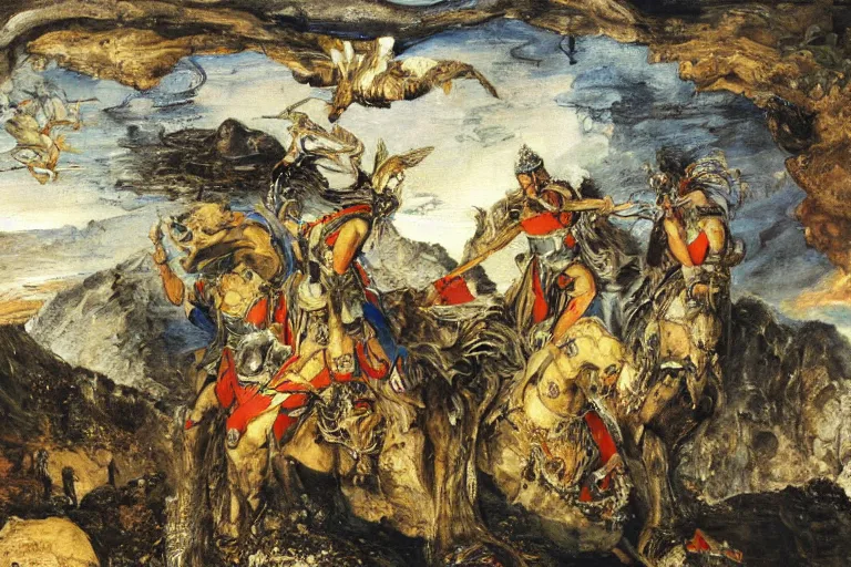 Image similar to a beautiful painting of a rocky landscape covered with bodies of medieval soldiers in shiny armors, dawn, by Georgia o keeffe, by Gustave Moreau