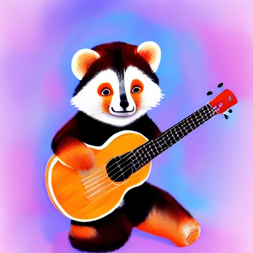 Image similar to cute fluffy Ailurus fulgens playing a ukulele, fully detailed, high quality , 4k , digital art, digital painting, soft light , masterpiece