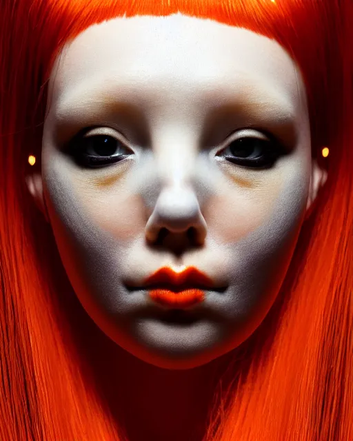 Image similar to symmetrical close - up portrait of a woman wearing a translucent silicone beauty mask and orange hair, wearing a black bodysuit by alexander mcqueen, black background, soft diffused light, biotechnology, humanoide robot, bjork aesthetic, translucent, by rineke dijkstra, intricate details, highly detailed, masterpiece,